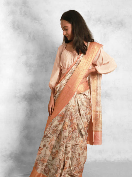 Botanical fantacy | Premium Sage and Orange Chanderi Saree with Zari Weaving Detail