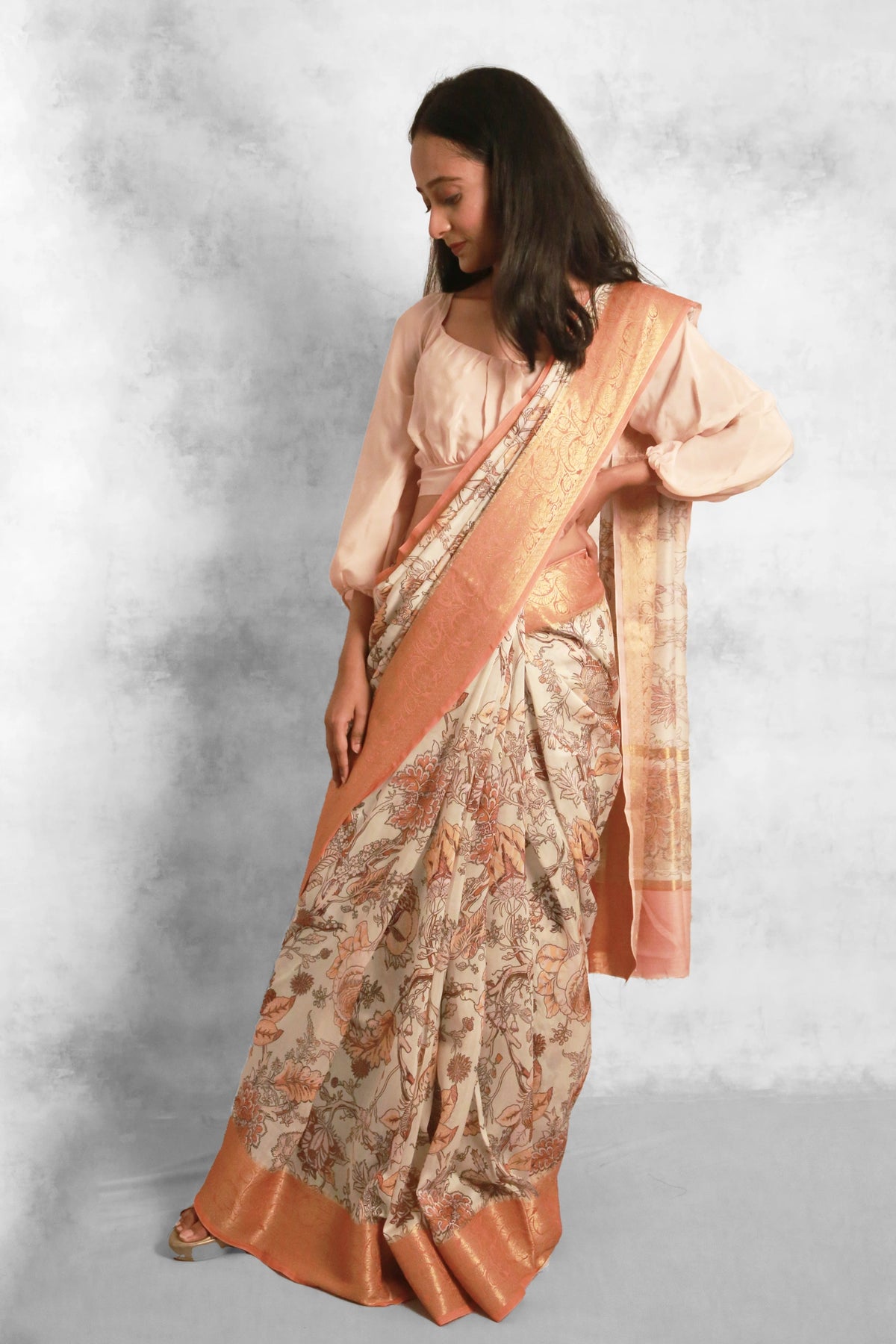 Botanical fantacy | Premium Sage and Orange Chanderi Saree with Zari Weaving Detail