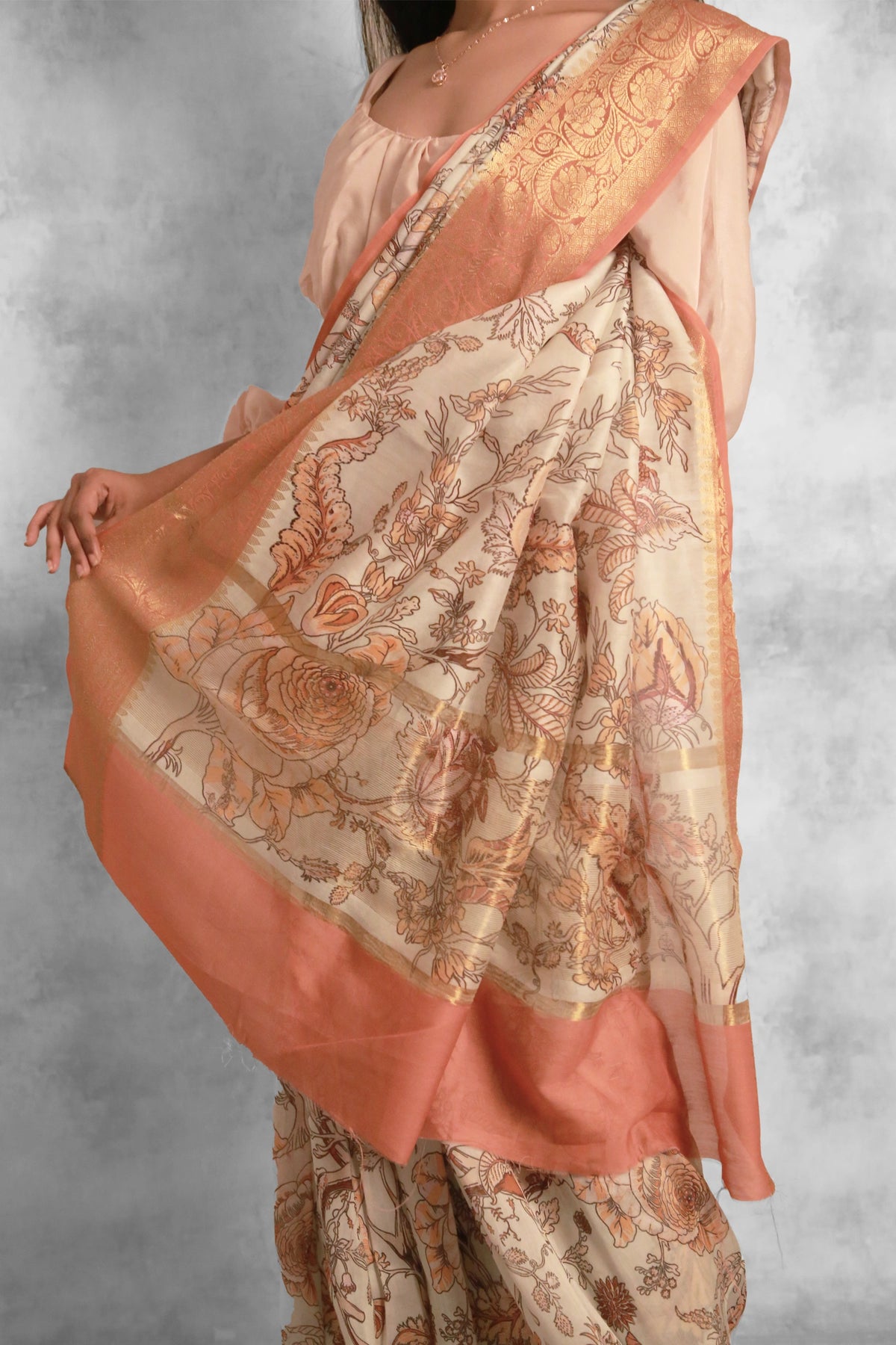 Botanical fantacy | Premium Sage and Orange Chanderi Saree with Zari Weaving Detail