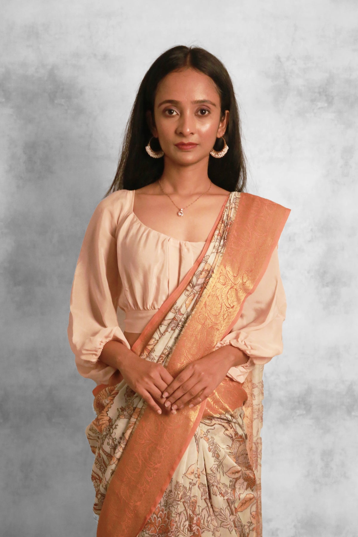 Botanical fantacy | Premium Sage and Orange Chanderi Saree with Zari Weaving Detail