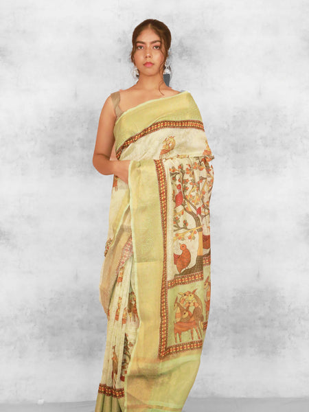 Gond symphony | Mint Chanderi Zari Woven Saree with Aqua Green Border Elegance