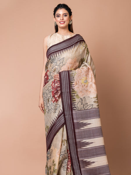 Natures Essence Classic Beige Tussar Silk Saree with Dark Brown Border – Vidarbha Handloom Temple Style Ethnic Saree