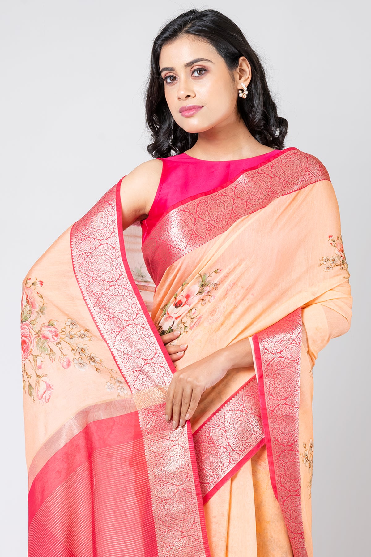 Floral enchantment Elegant Cream Chanderi Saree for Weddings and Special Occasions