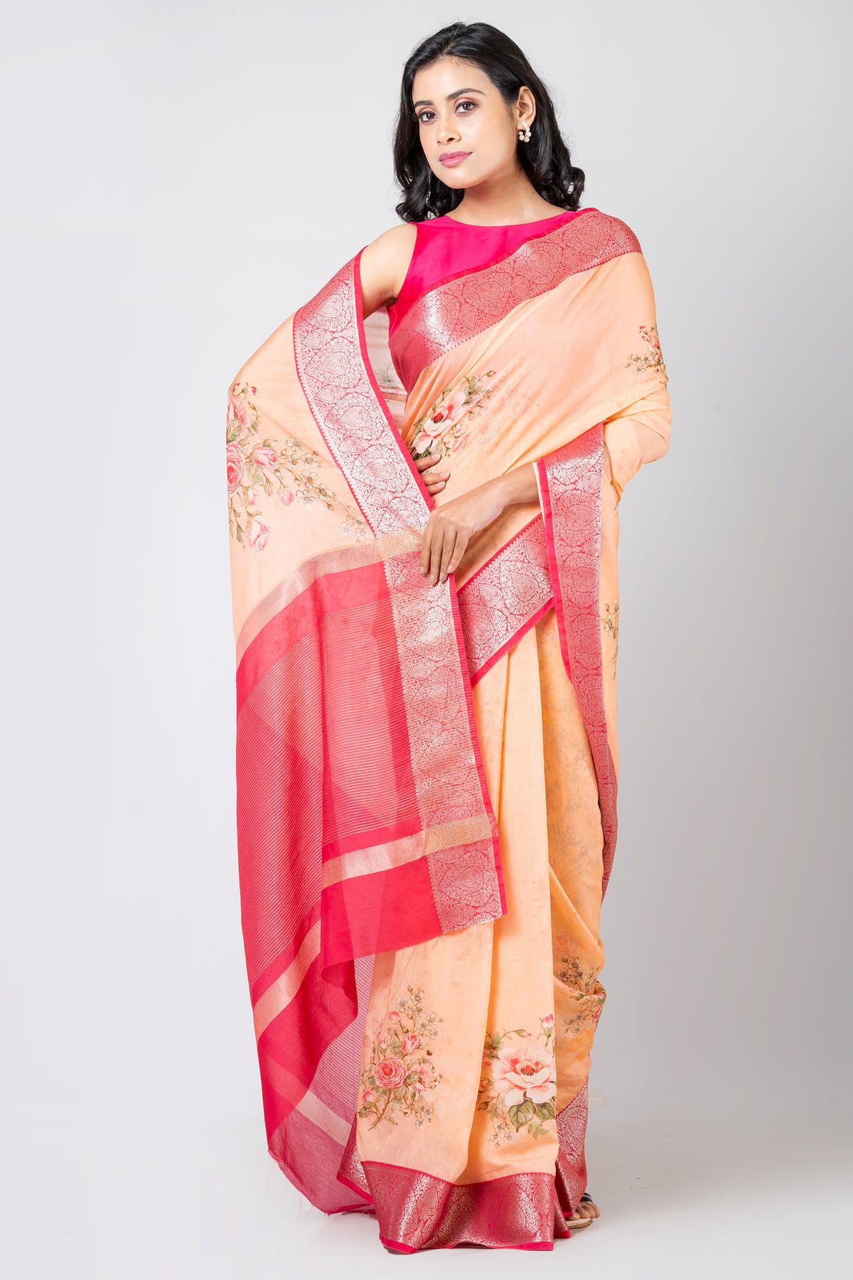 Floral enchantment Elegant Cream Chanderi Saree for Weddings and Special Occasions