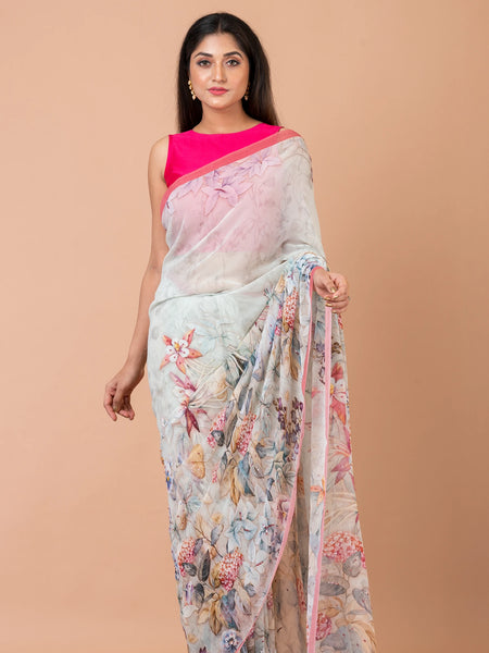 Georgette Dream Elegant White Georgette Saree with Pink Border – Soft & Flowing Traditional Wear