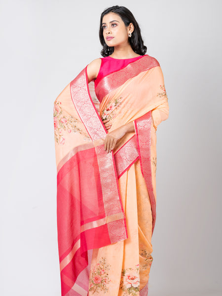 Floral enchantment Elegant Cream Chanderi Saree for Weddings and Special Occasions