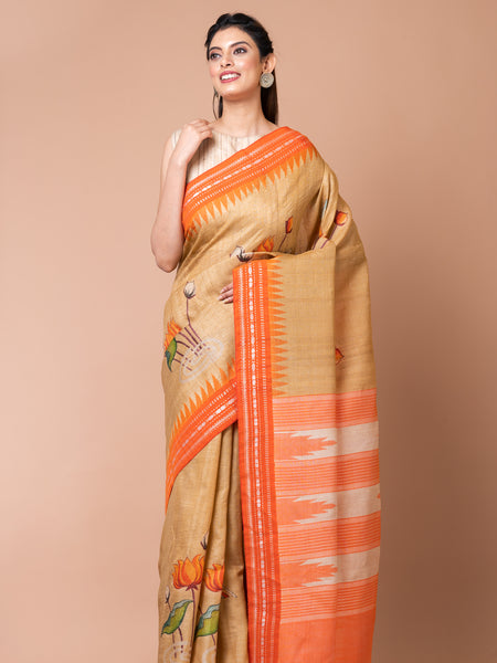 Beige saree with dark orange border | Classic Mustard Orange Border Tussar Saree Vidharbha Temple Weave Saree