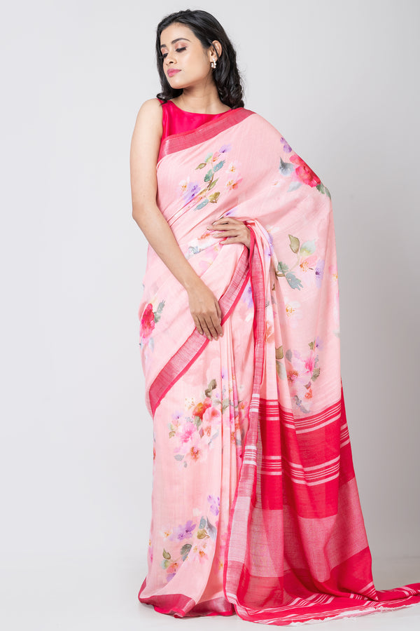 Rose fiesta | Elegant Pink Linen Red Border Floral Digital Print Saree for Women