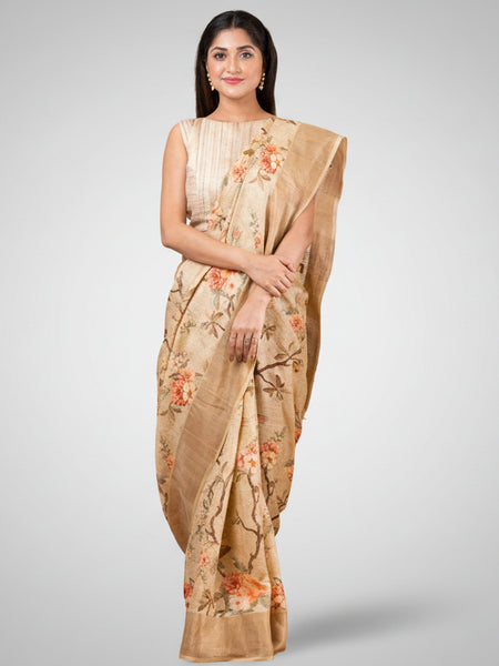 Floral vines Elegant Beige Tussar Zari Silk Saree – Timeless Ethnic Luxury Saree