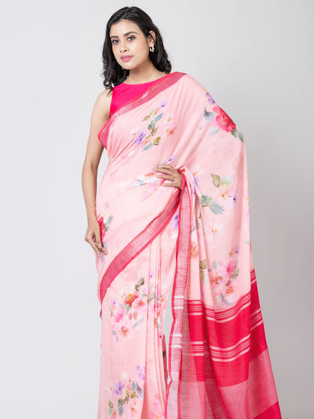 Rose fiesta | Elegant Pink Linen Red Border Floral Digital Print Saree for Women
