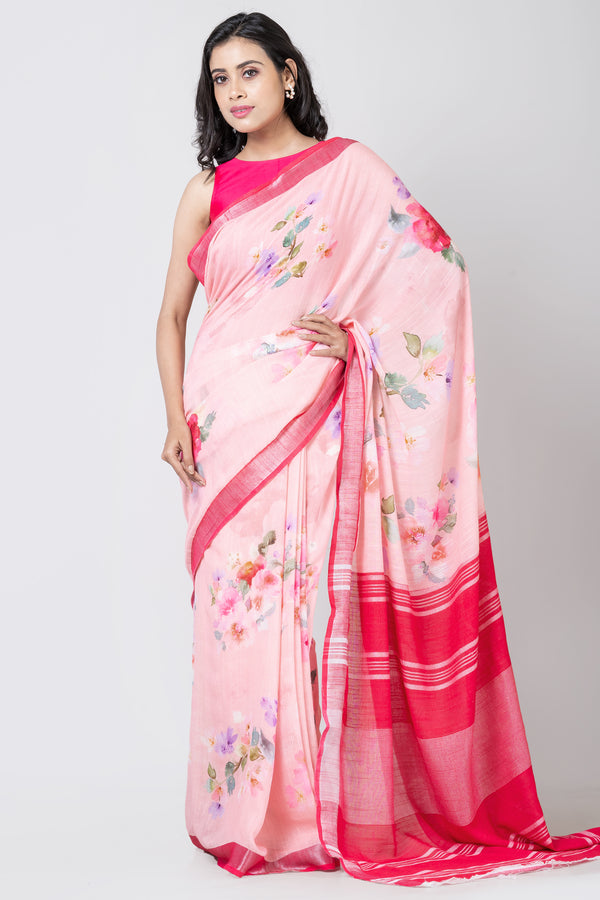 Rose fiesta | Elegant Pink Linen Red Border Floral Digital Print Saree for Women