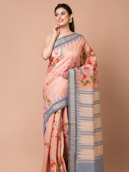 Beige & Grey Border Tussar Silk Saree | Vidarbha Temple Handloom Ethnic Wear