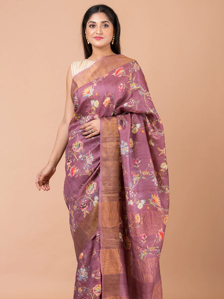 Lilac meadows Elegant Moderate Purple Tussar Zari Silk Saree – Rich & Graceful Ethnic Drape for Festive Wear