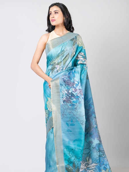 Azure Bouquet Elegant Sky Blue Tussar Silk Saree with Zari Weaving