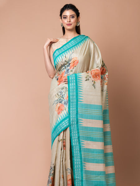 Radiant Drapes Beige Saree with Sky Blue Border – Vidarbha Temple Handloom Tussar Saree