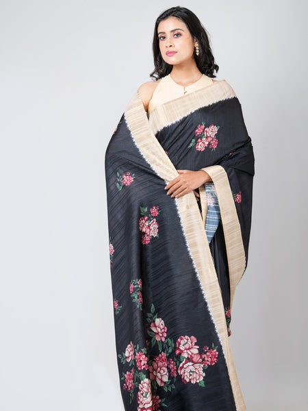 Noir Blossom Black Semi Tussar Zari Saree Elegant Traditional Ethnic Wear for Women