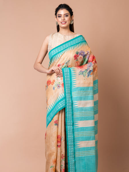 Majestic Mingle Traditional Handloom Tussar Saree in Beige with Sky Blue Border