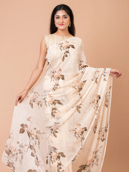 Airy Allure Elegant Beige Floral Georgette Saree – Soft & Flowing Traditional Wear