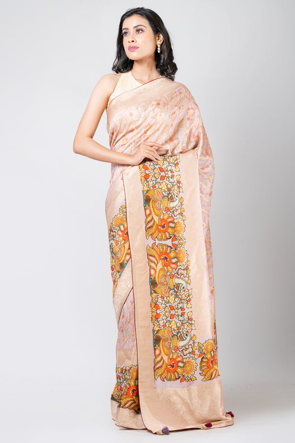 Opulent fusion Elegant Cream Dola Leheriya Saree for Festive & Traditional Wear