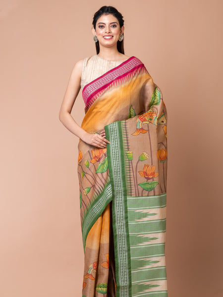 Enchanting Weaves Beige Saree with Green Border – Vidarbha Temple Handloom Tussar Saree
