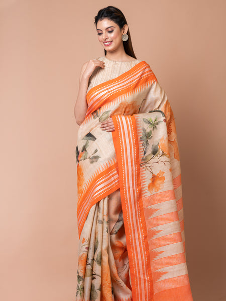 Beige saree with orange border | Designer Beige Tussar Saree Handloom Saree with Orange Border Ethnic Wear