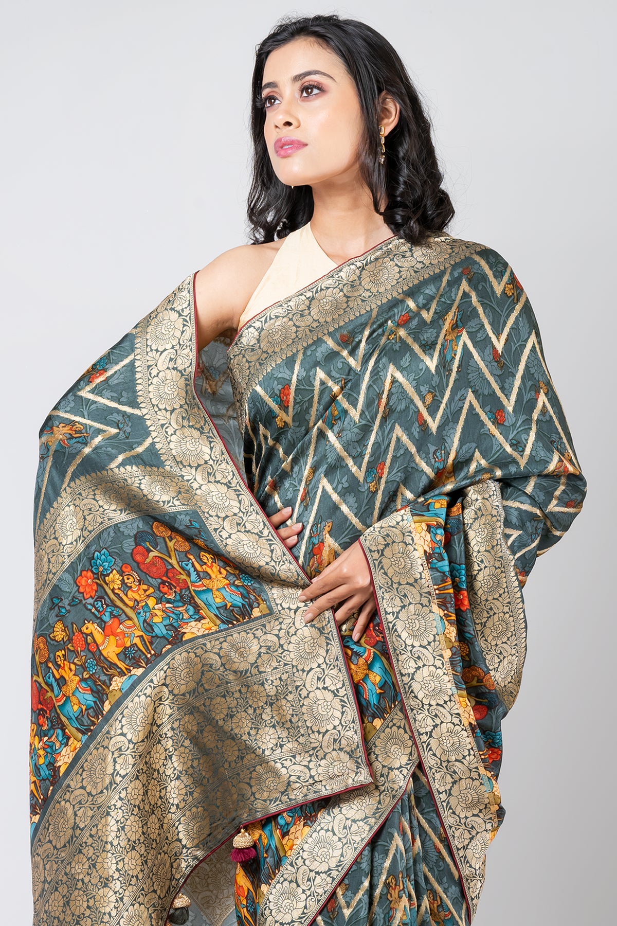 SERENITY DRAPED Premium Light Slate Blue Dola Leheriya Saree with Classic Rajasthani Wave Pattern Design