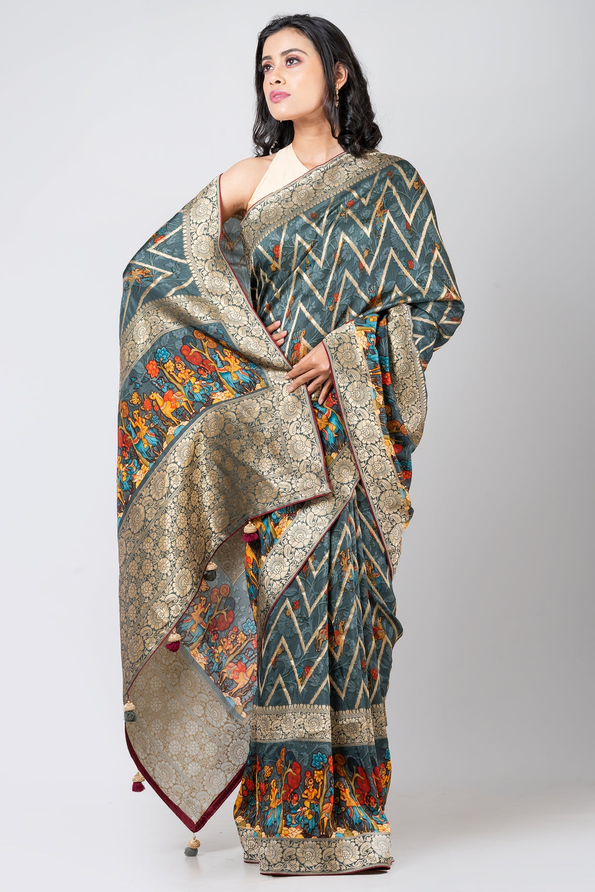 SERENITY DRAPED Premium Light Slate Blue Dola Leheriya Saree with Classic Rajasthani Wave Pattern Design