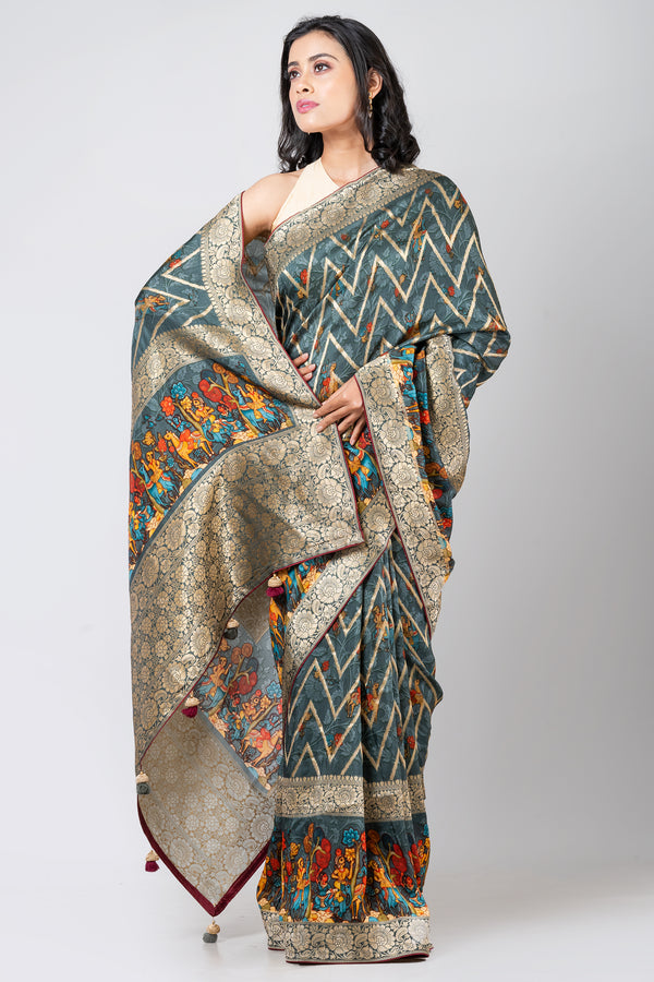 SERENITY DRAPED Premium Light Slate Blue Dola Leheriya Saree with Classic Rajasthani Wave Pattern Design