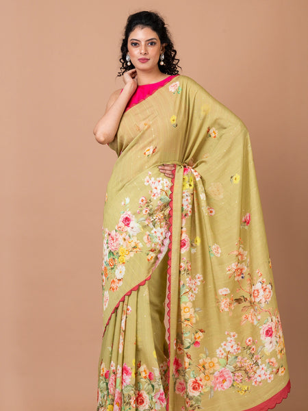 Elegant florals Premium Mehendi Woven Sequence Crepe Saree Stylish Party Wear Saree