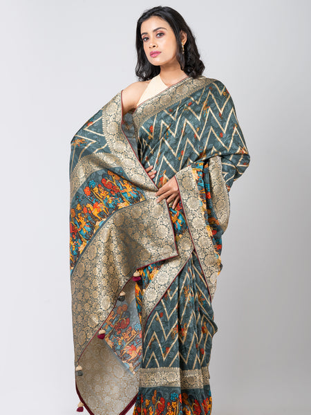 SERENITY DRAPED Premium Light Slate Blue Dola Leheriya Saree with Classic Rajasthani Wave Pattern Design