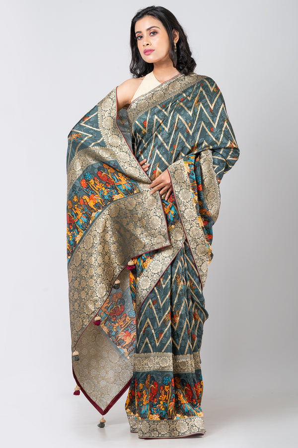 SERENITY DRAPED Premium Light Slate Blue Dola Leheriya Saree with Classic Rajasthani Wave Pattern Design