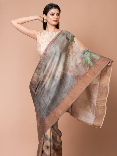 Elegant Earthstone Elegant Greyish Brown Tussar Silk Saree – Timeless Handwoven Drape for Festive & Formal Wear