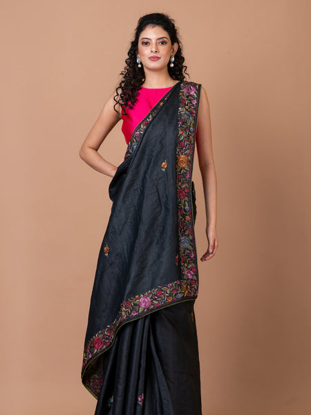Finespun Florals Premium Black Tasar Silk Handloom Saree – Classic Festive & Wedding Wear Saree