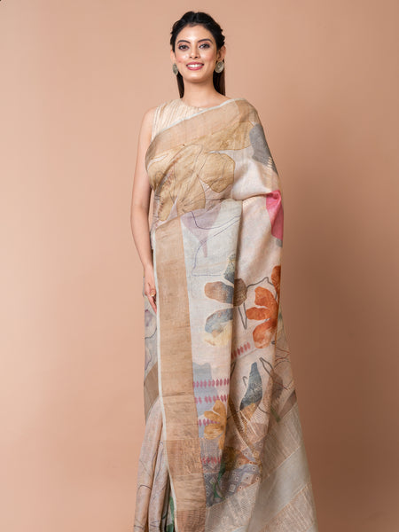 Royal Radiance Off White Tussar Saree with Brownish Beige Border | Elegant Handloom Ethnic Wear Saree