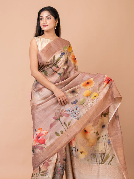 Floral beauty Classic Beige Tussar Silk Saree – Lightweight Handwoven Saree for Natural & Elegant Styling