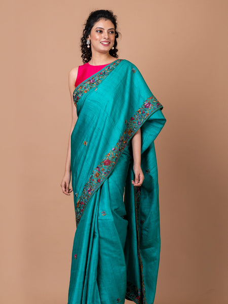 Elegant Embroidery Elegant Turquoise Tasar Silk Saree – Classic Woven Traditional Saree