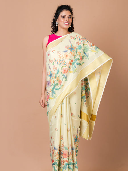 Wispering bloom Traditional Yellow Kasavu Kerala Saree with Gold Border