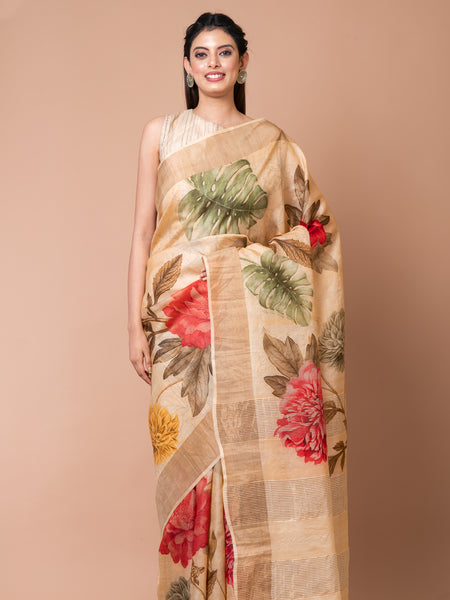 Designer Cream Tussar Saree – Timeless Handwoven Silk Saree