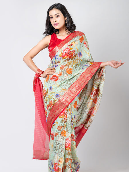 Vibrant floral tapestry Classic Sea Green Chanderi Saree with Minimal Check Design