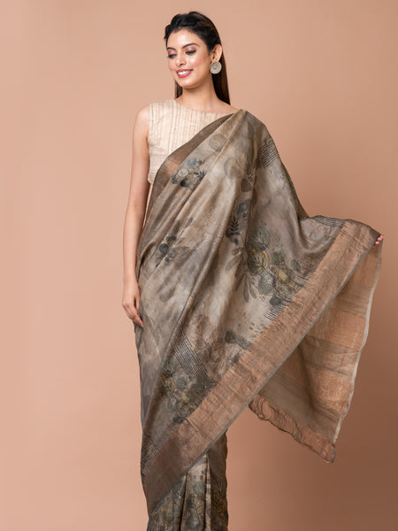 Golden Allure Elegant Mehendi Grey Tussar Silk Saree – Subtle & Sophisticated Ethnic Drape for Festive Wear