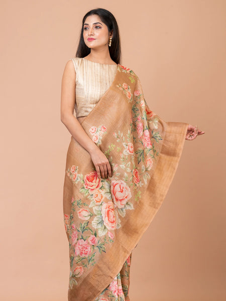 Floral Peace Classic Light Brown Tussar Silk Saree – Lightweight Handwoven Saree for Natural & Subtle Elegance