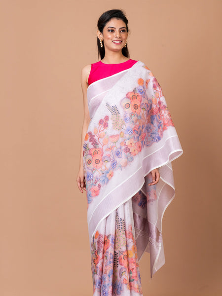 Fleur mirage | Classic White Cotton Kasavu Saree with Zari Border