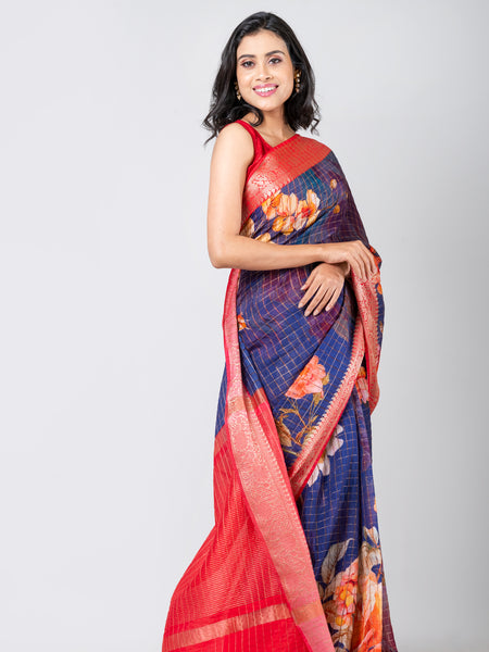 Royal garden checks | Blue Chanderi Checks Saree with Elegant Woven Pattern