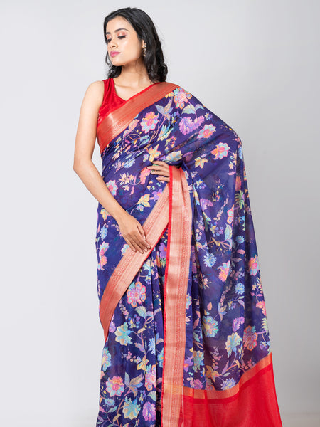 Dreamy petal fusion |  Designer Blue Chanderi Saree with Subtle Sheen Finish