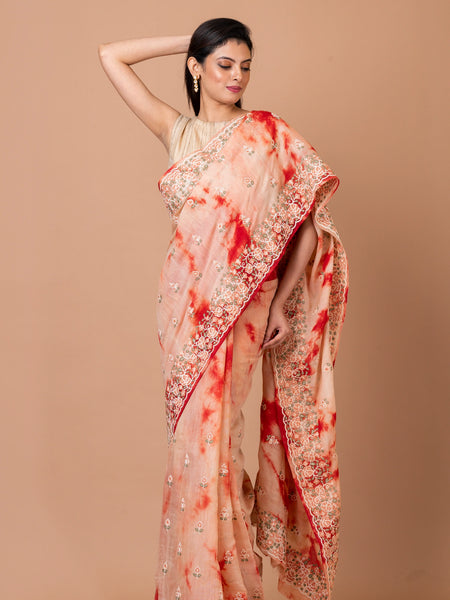 Elegant Cream Red Handloom Tussar Silk Saree – Premium Linen Blend Saree
