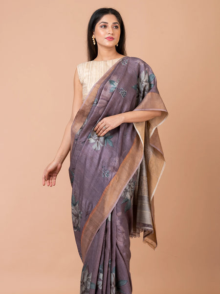Mauve Blossoms Premium Moderate Purple Tussar Silk Saree | Timeless Ethnic Elegance