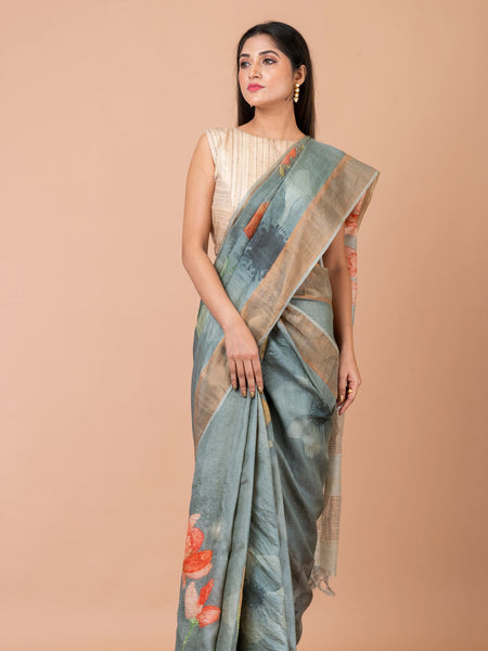 Slate Grace Elegant Steel Grey Tussar Silk Saree – Modern & Sophisticated Ethnic Drape for Timeless Style
