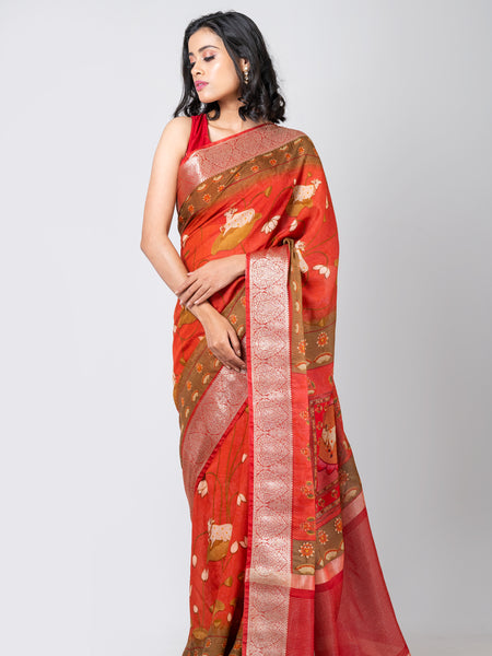 Scarlet elegance Traditional Red Chanderi Saree for Cultural & Special Occasions