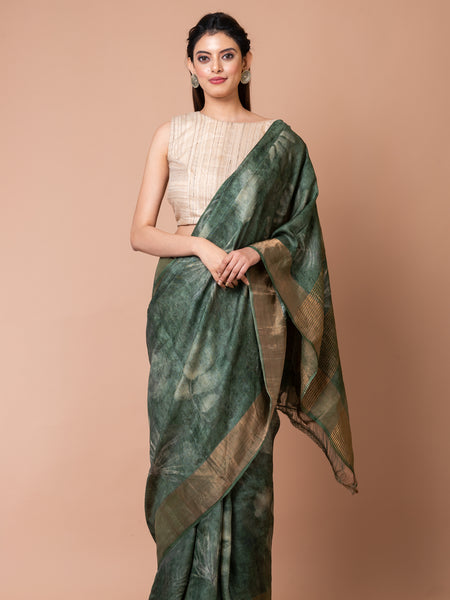 Ivory Beauty Classic Bottle Green Tussar Silk Saree for Special Occasions