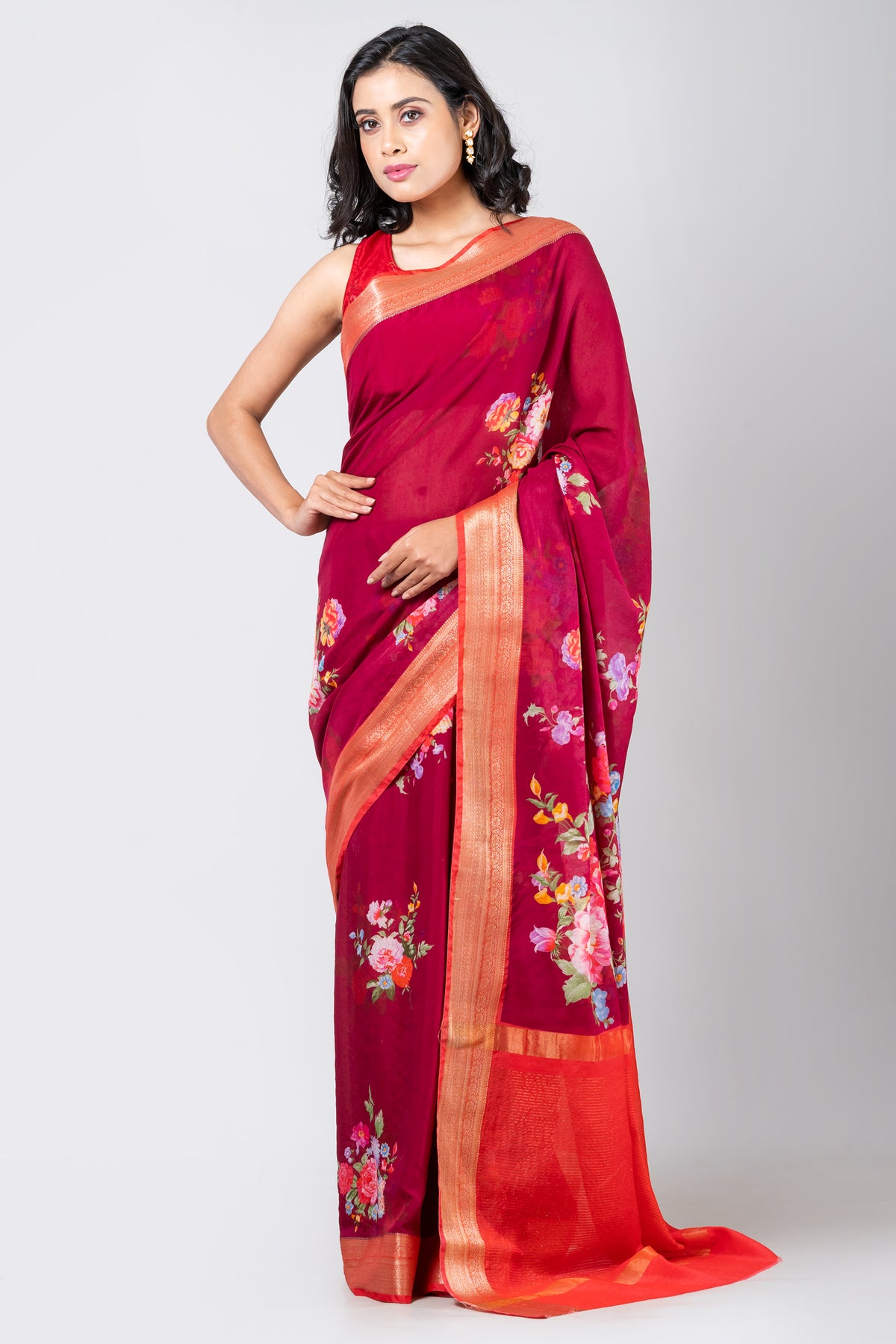 Aquarelle bloom | Traditional Wine Chanderi Saree for Weddings & Celebrations